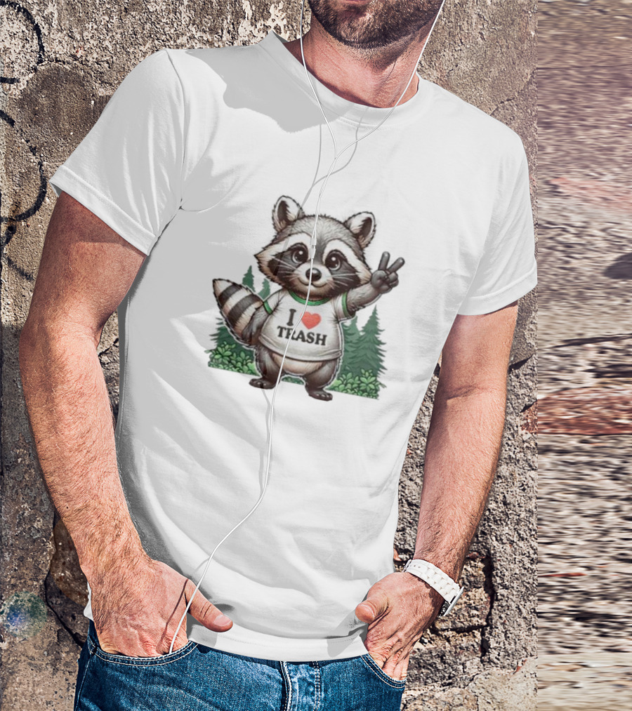I Heart Trash Raccoon Peace Sign Forest Background T-Shirt