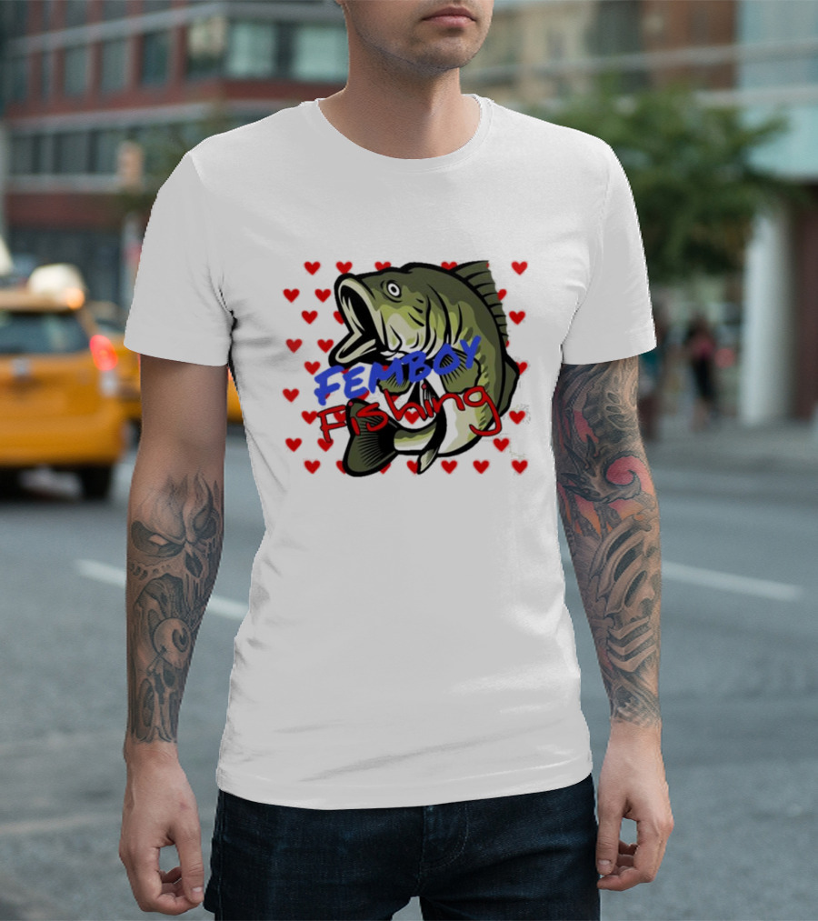 Femboy Fishing with Heart Pattern and Big Mouth Bass T-Shirt