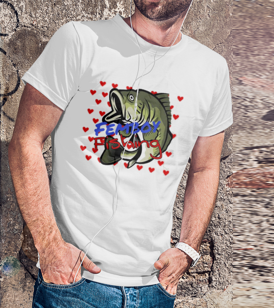 Femboy Fishing With Heart Pattern And Big Mouth Bass T-Shirt