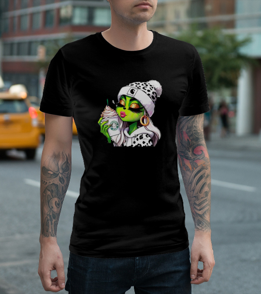 Grinchmas Blend Leopard Girl with Winter Leopard Beanie and Coffee Cup T-Shirt