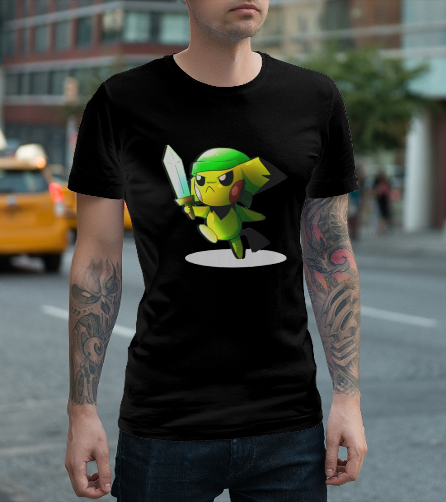 Pikachu Dressed as Link from The Legend of Zelda with Sword in Hand T-Shirt