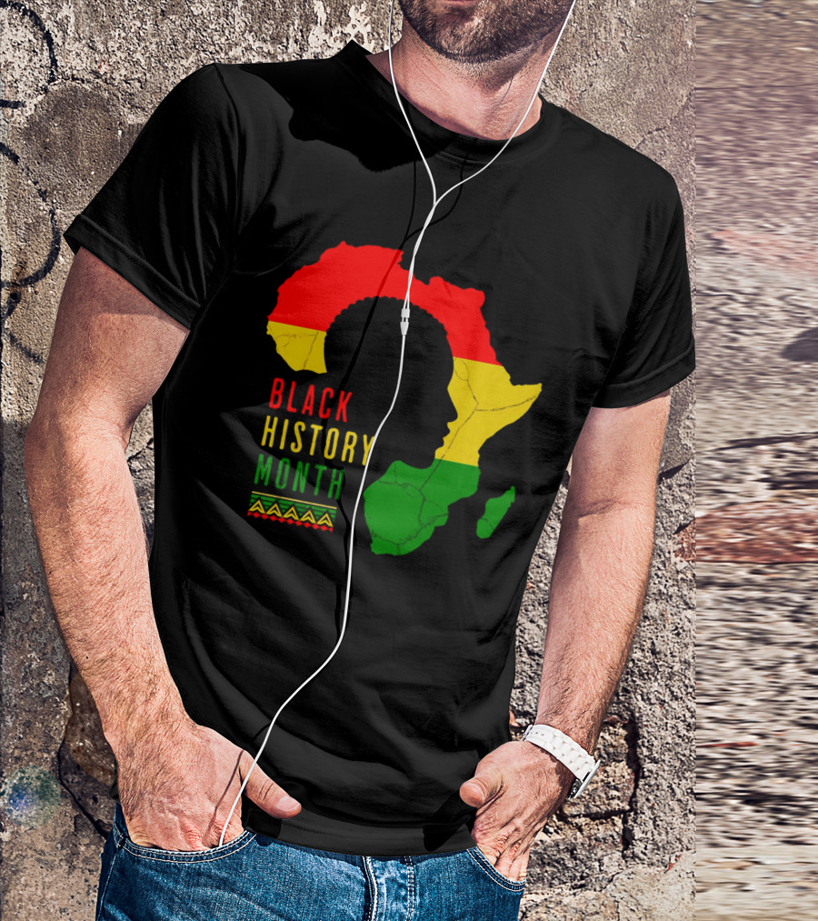 Black History Month African Continent Map With Red Yellow Green Colors And Afro T-Shirt