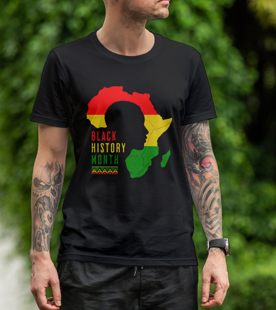 Black History Month African Continent Map With Red Yellow Green Colors And Afro T-Shirt