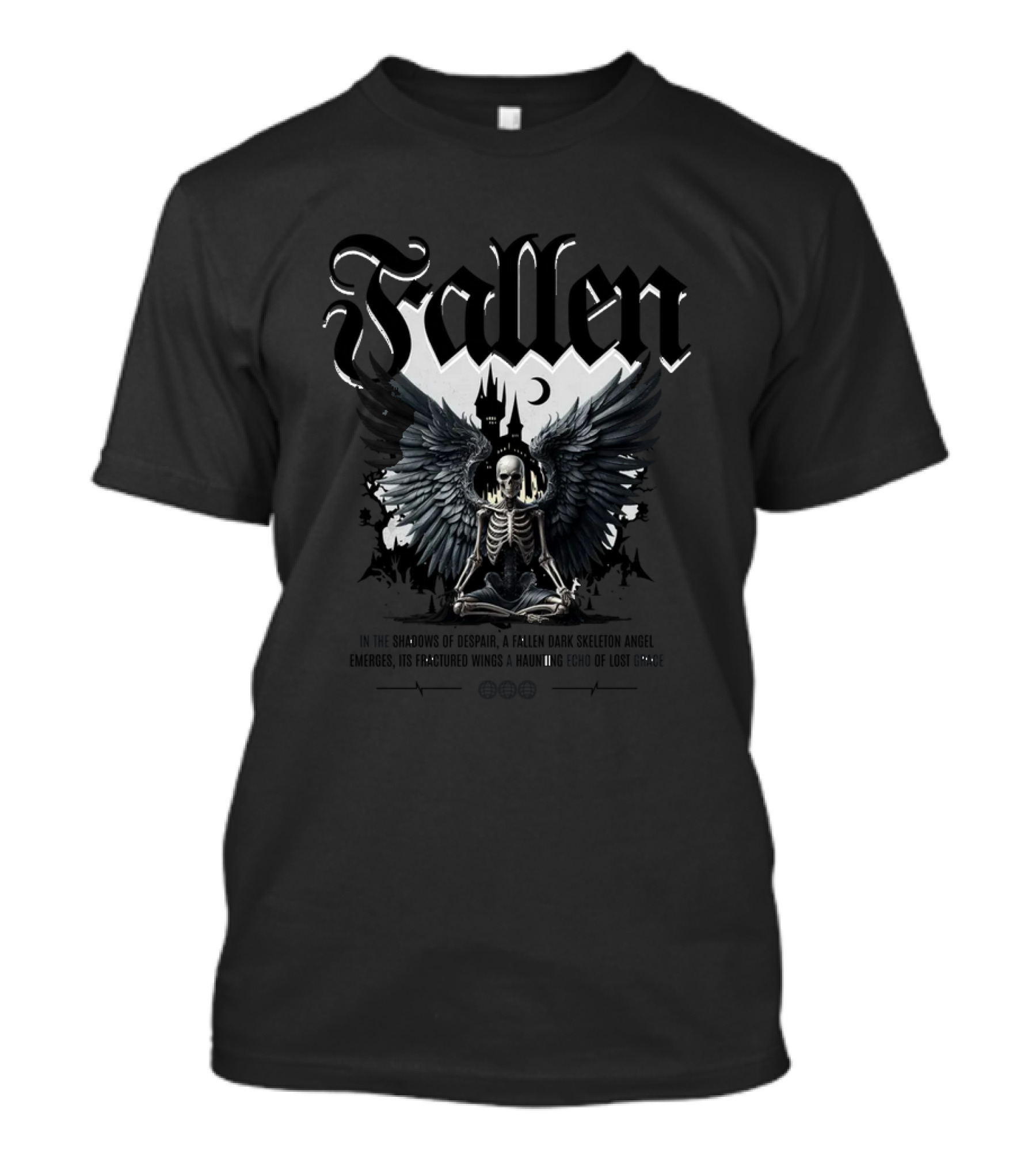 Fallen Skeleton Angel With Fractured Wings And Gothic Castle T-Shirt