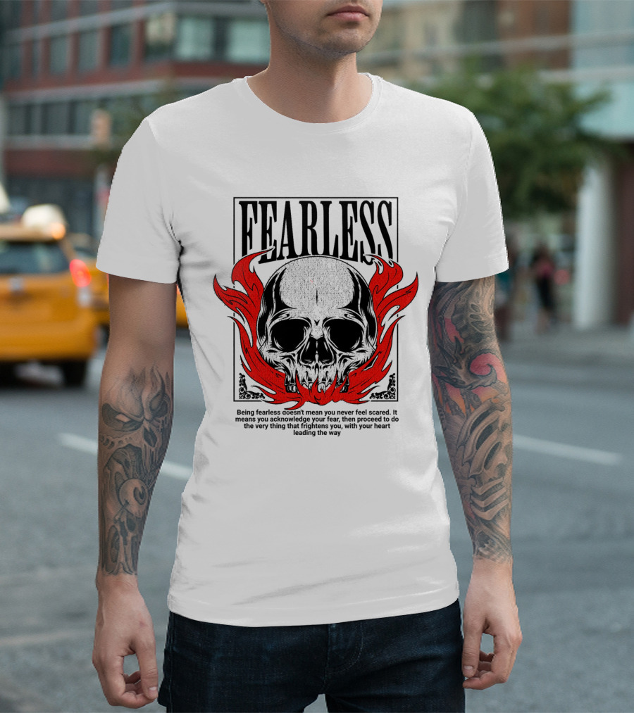 FEARLESS Skull with Red Flames Street Wear T-Shirt