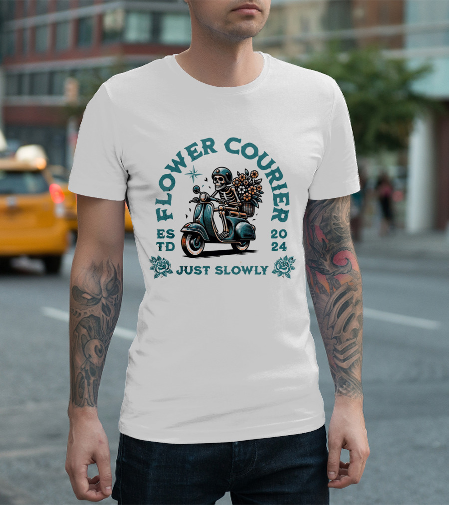 Flower Courier Skeleton Vespa Rider Just Slowly T-Shirt