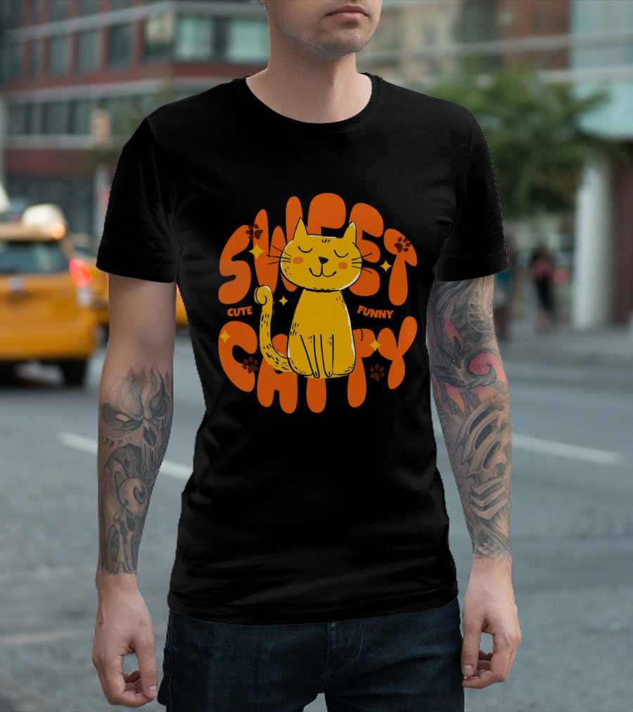 Cute Funny Sweet Cat Happy Yellow Cat with Paw Prints T-Shirt