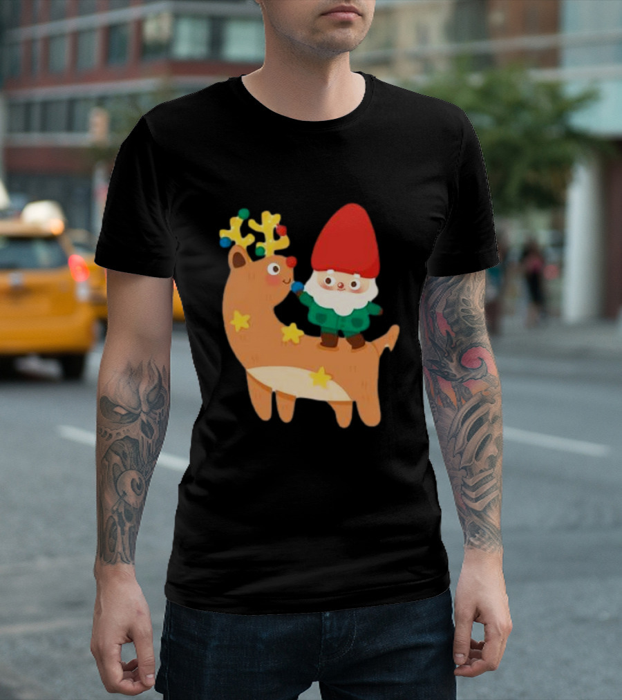 Cute Christmas Reindeer with Santa Riding T-Shirt