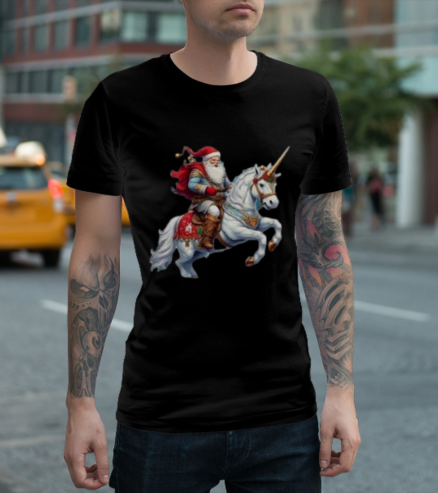 Santa Claus Riding Festive Unicorn Christmas T-Shirt