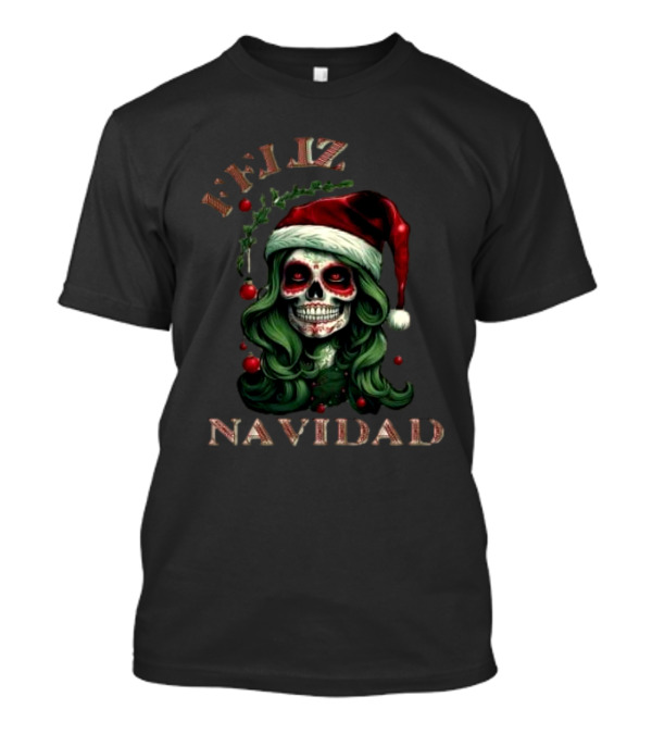 Feliz Navidad Skull Santa Hat Merry Christmas T-Shirt