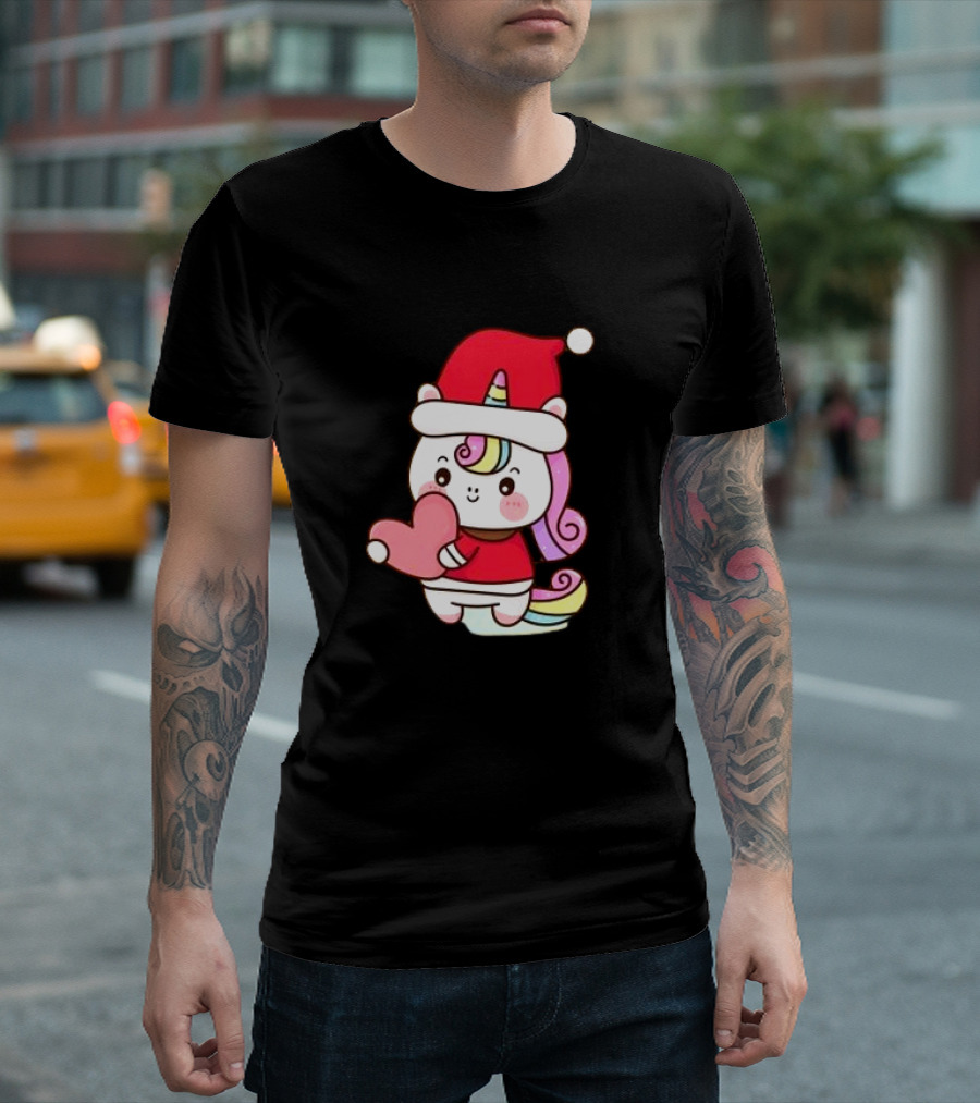 Unicorn Santa Hat Heart Christmas T-Shirt