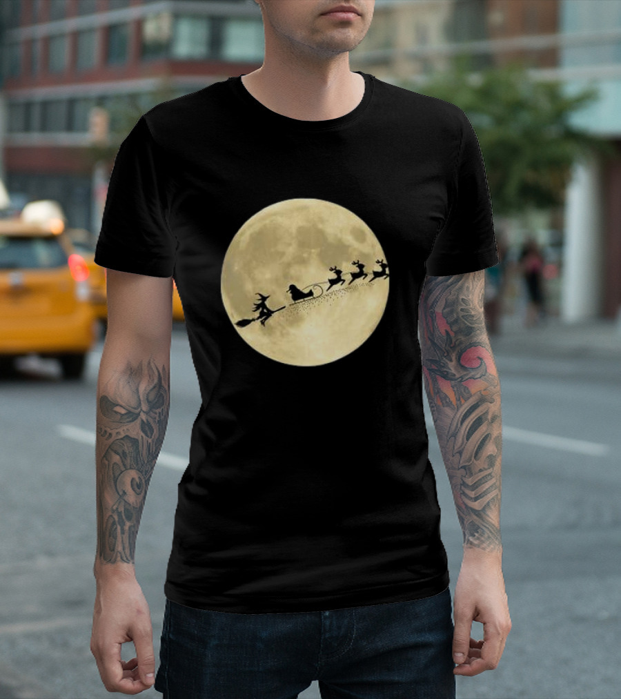 Witch Riding with Santa's Sleigh in Full Moon Christmas Scene T-Shirt