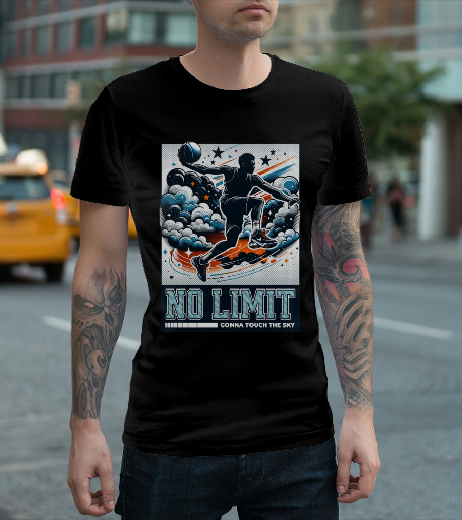 NO LIMIT GONNA TOUCH THE SKY Basketball Player Dynamic Clouds and Stars T-Shirt
