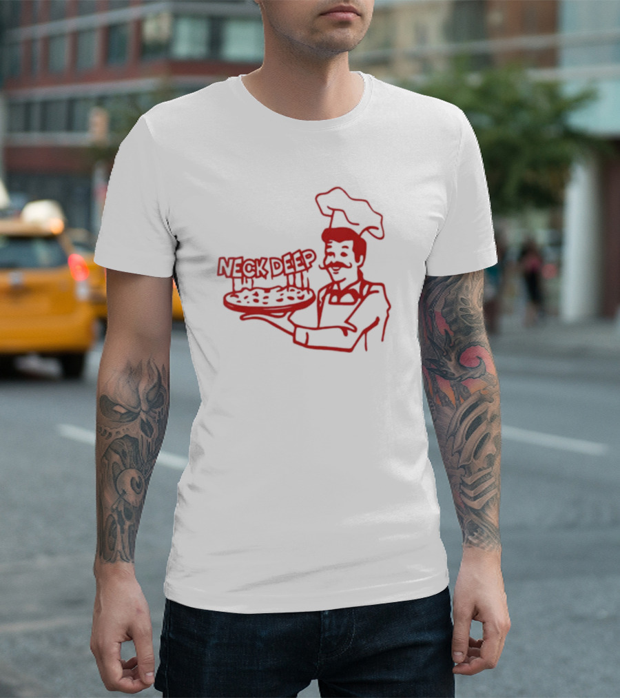 Neck Deep Pizza Chef with Retro Style Illustrative T-Shirt