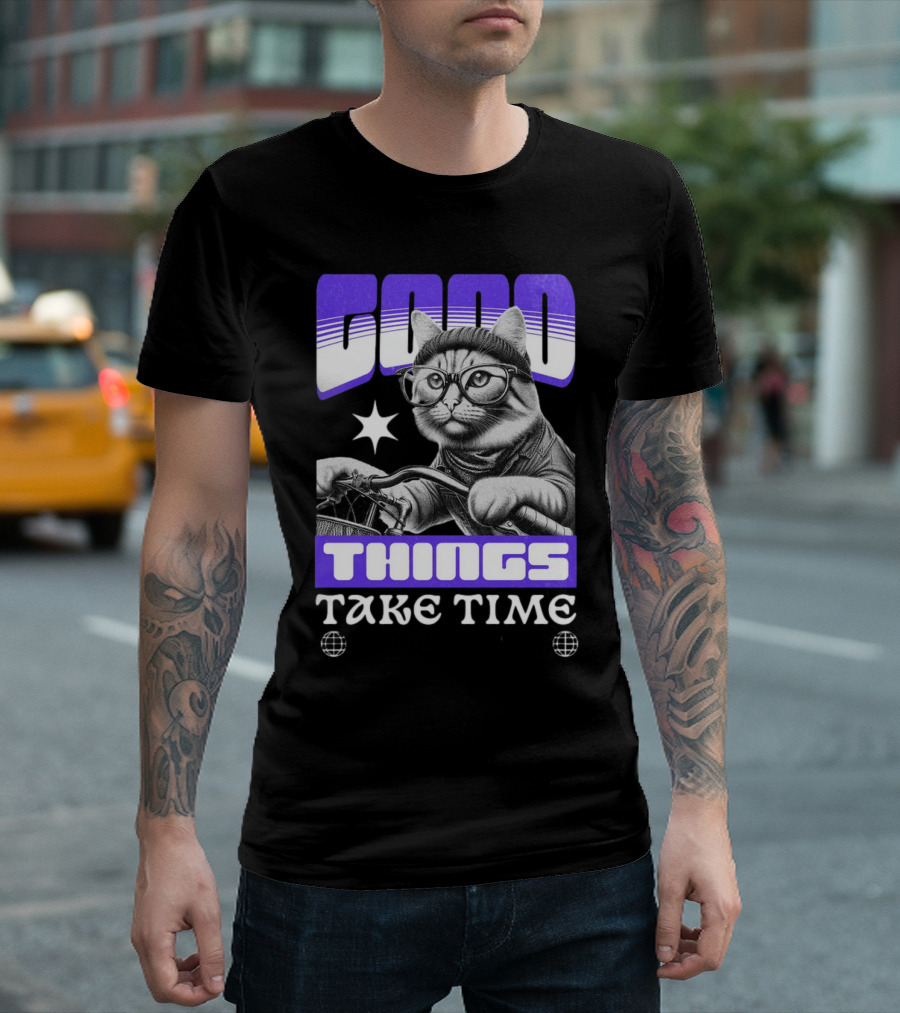 Good Things Take Time Cat in Glasses with Bicycle T-Shirt