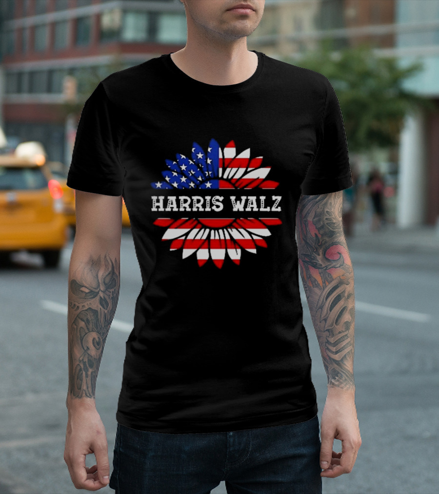 Harris Walz 2024 Sunflower American Flag Vintage USA T-Shirt