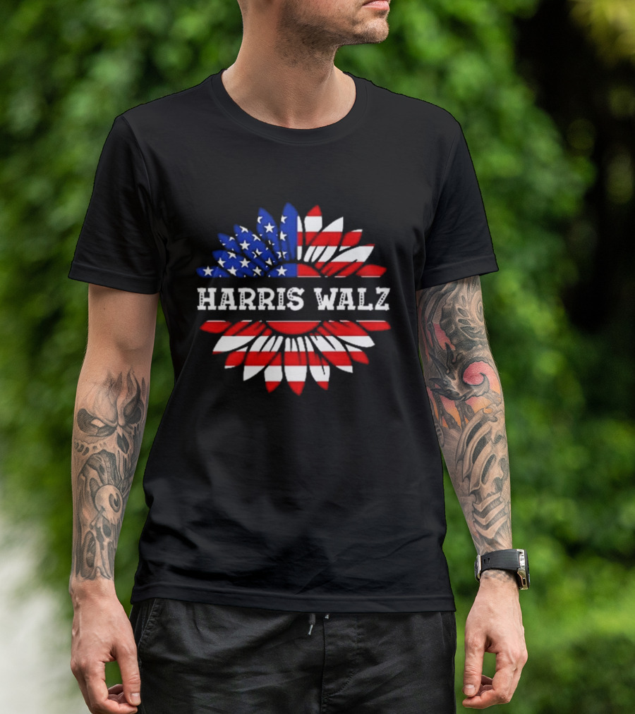 Harris Walz 2024 Sunflower American Flag Vintage USA T-Shirt
