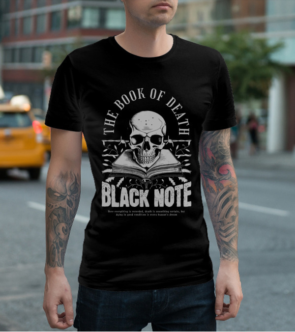 The Book Of Death Black Note Skull With Open Book T-Shirt