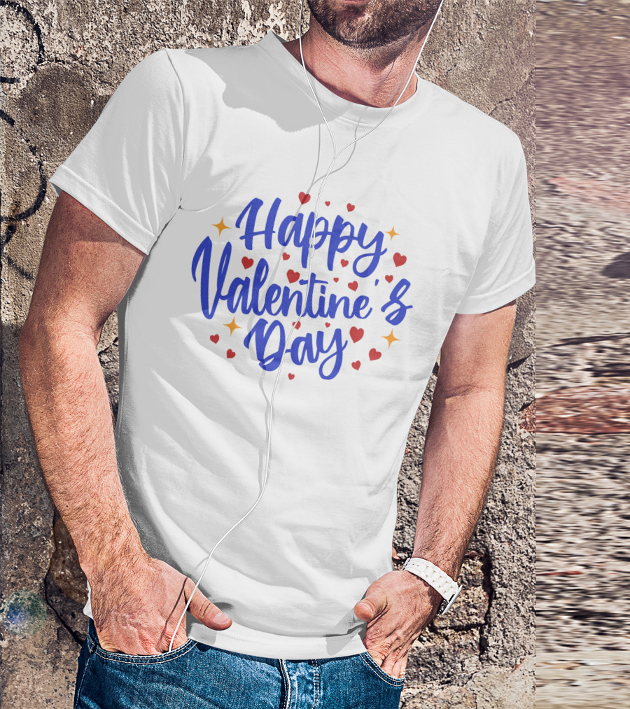 Happy Valentine's Day Blue Script With Hearts And Stars T-Shirt