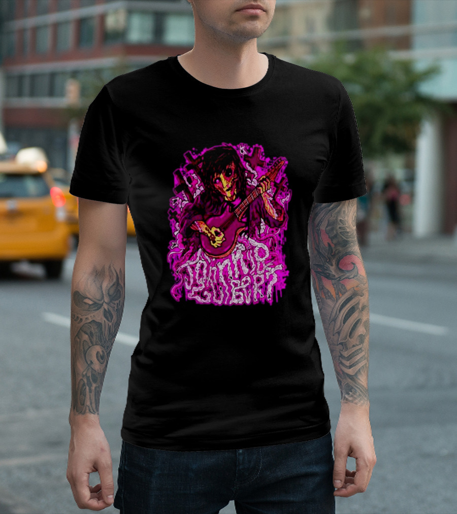 Zombie Johnnie Guilbert Playing Guitar with Pink Crosses and Skull T-Shirt