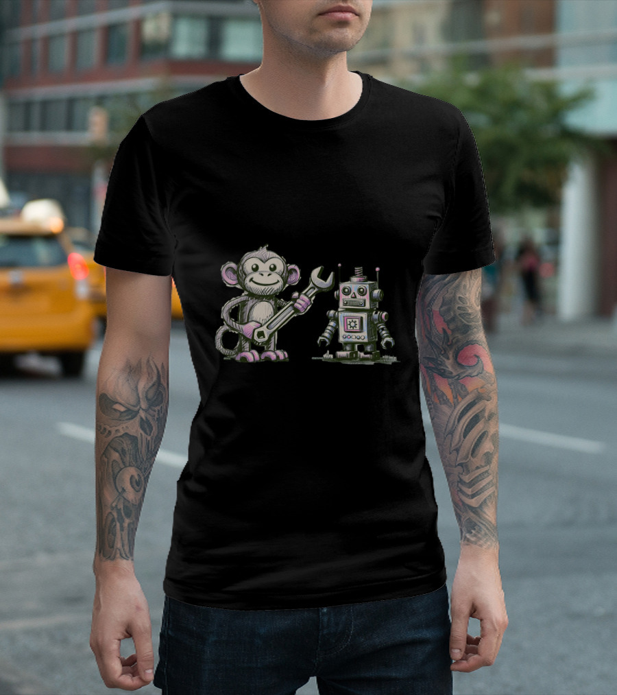 Monkey Wrench Holding Monkey and Robot Companion T-Shirt