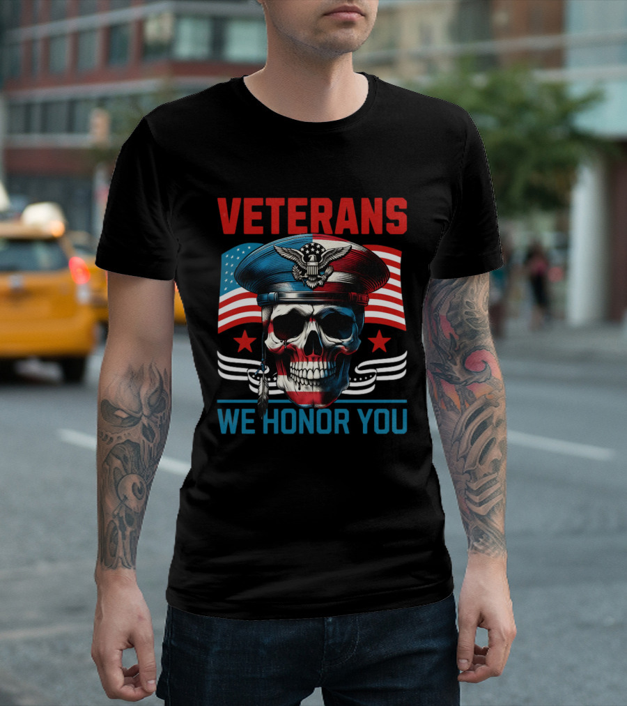 VETERANS WE HONOR YOU Skull with Eagle Emblem and American Flag T-Shirt