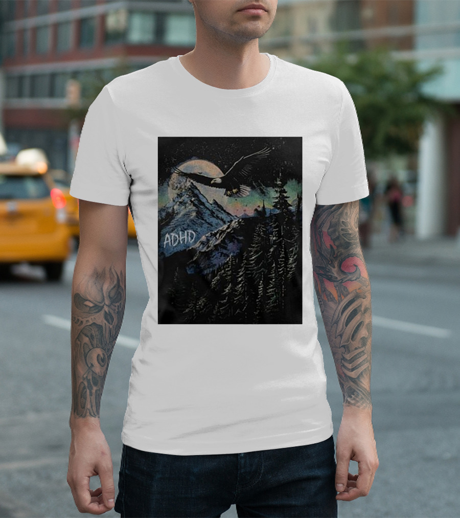 Wavey Goods ADHD Eagle Flying Over Mountains in Starry Night Sky T-Shirt