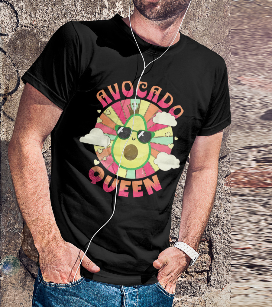 Avocado Queen Kawaii Crown Sunglasses Retro Sunburst Hearts Clouds T-Shirt