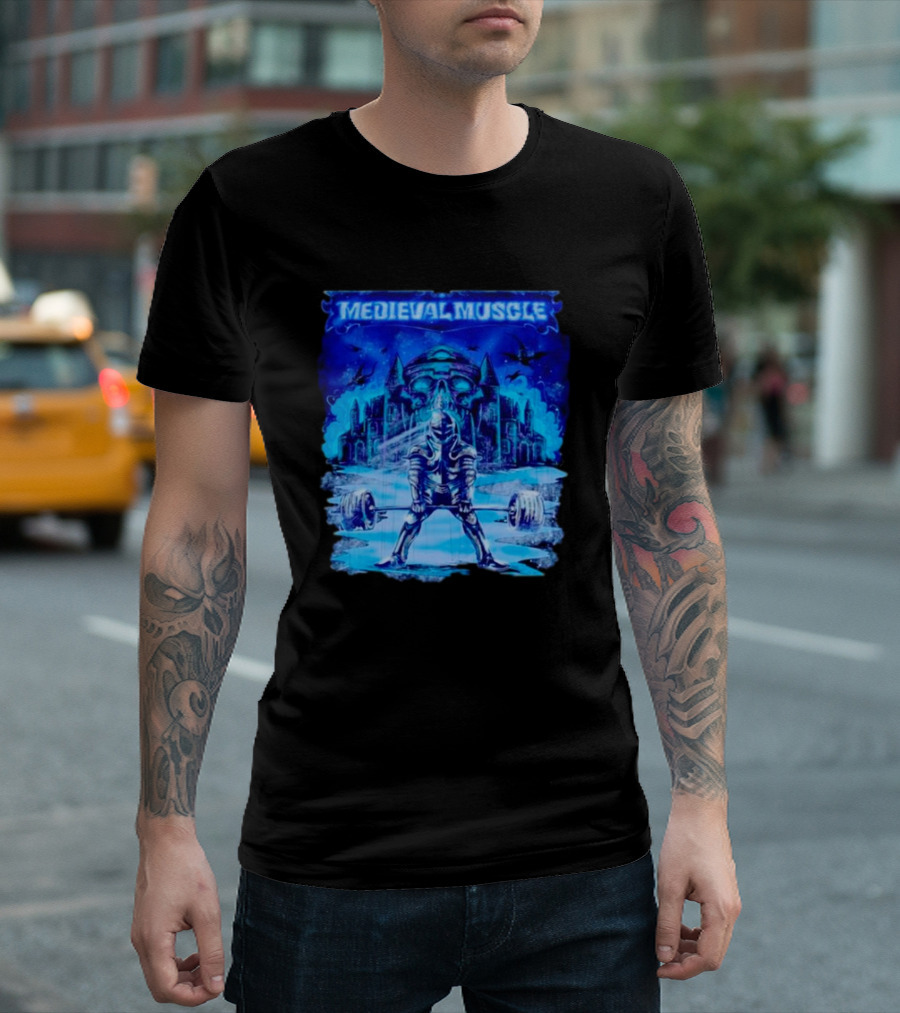 Medieval Muscle Knight Lifting Weights in Gothic Castle Scene T-Shirt