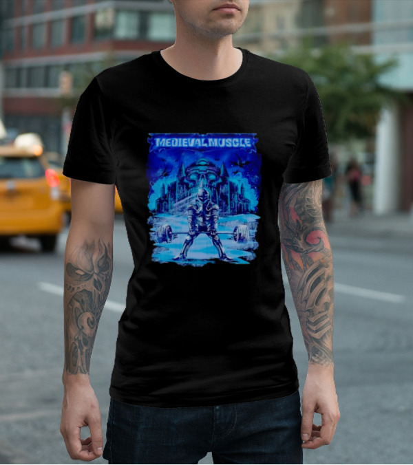 Medieval Muscle Knight Lifting Weights In Gothic Castle Scene T-Shirt