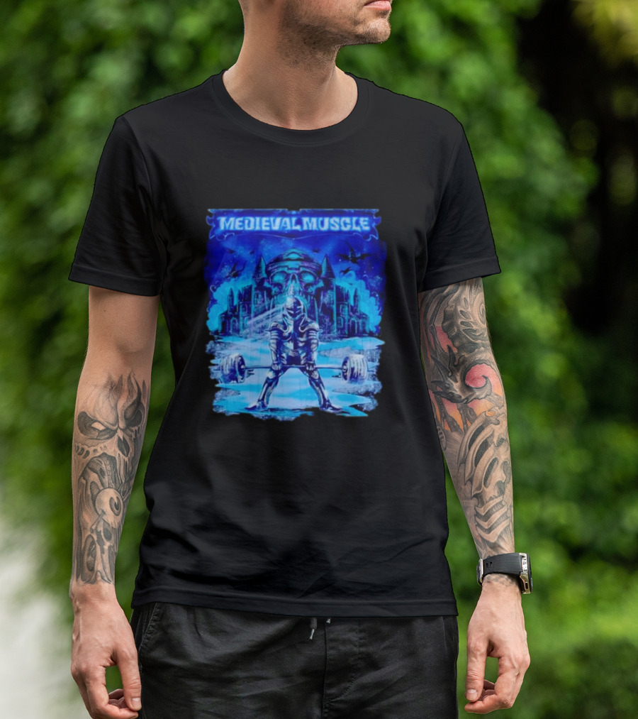 Medieval Muscle Knight Lifting Weights In Gothic Castle Scene T-Shirt