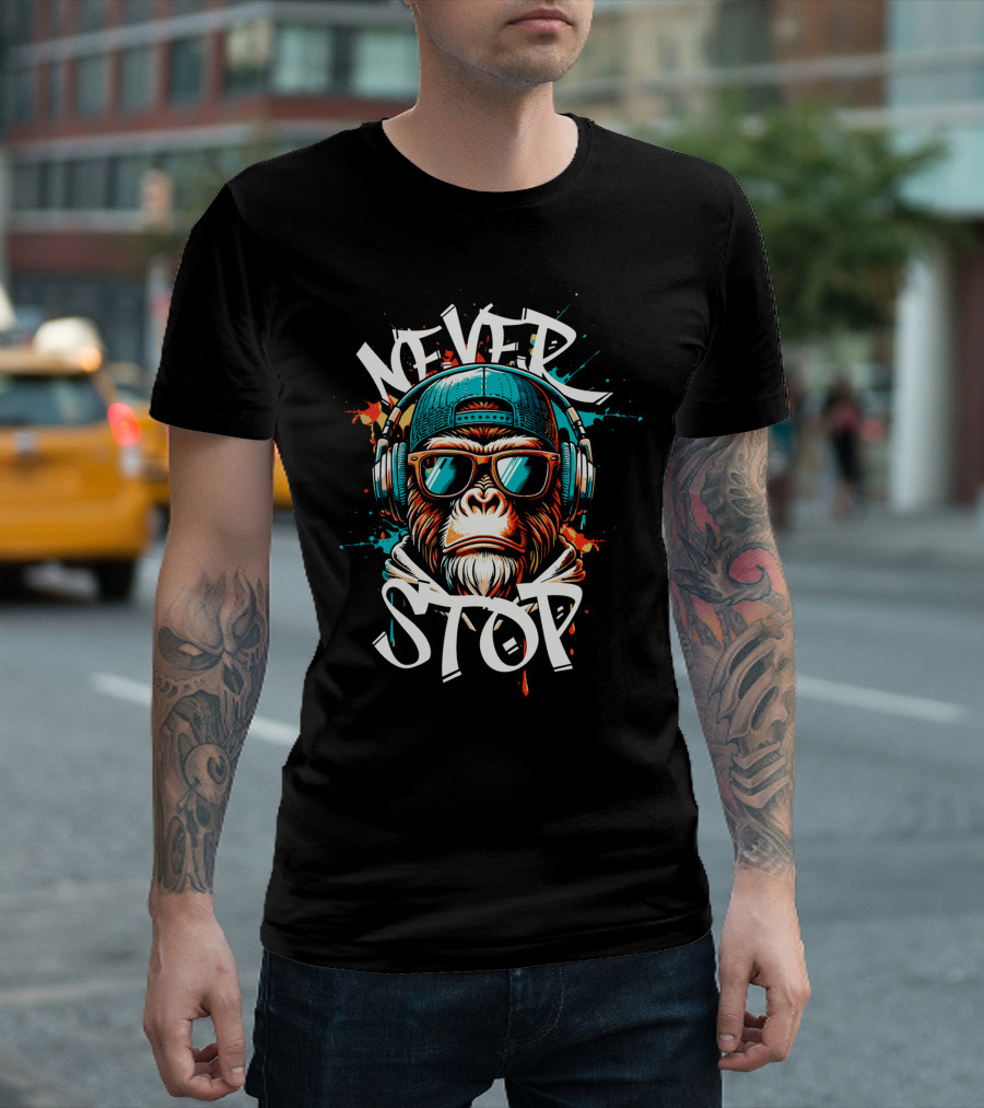 NEVER STOP Cool Monkey In Headphones T-Shirt