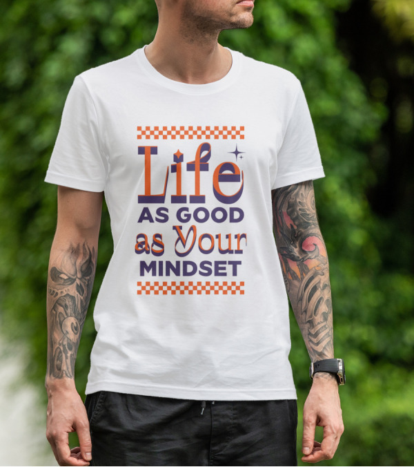 Life As Good As Your Mindset Retro Orange Purple Checkerboard T-Shirt