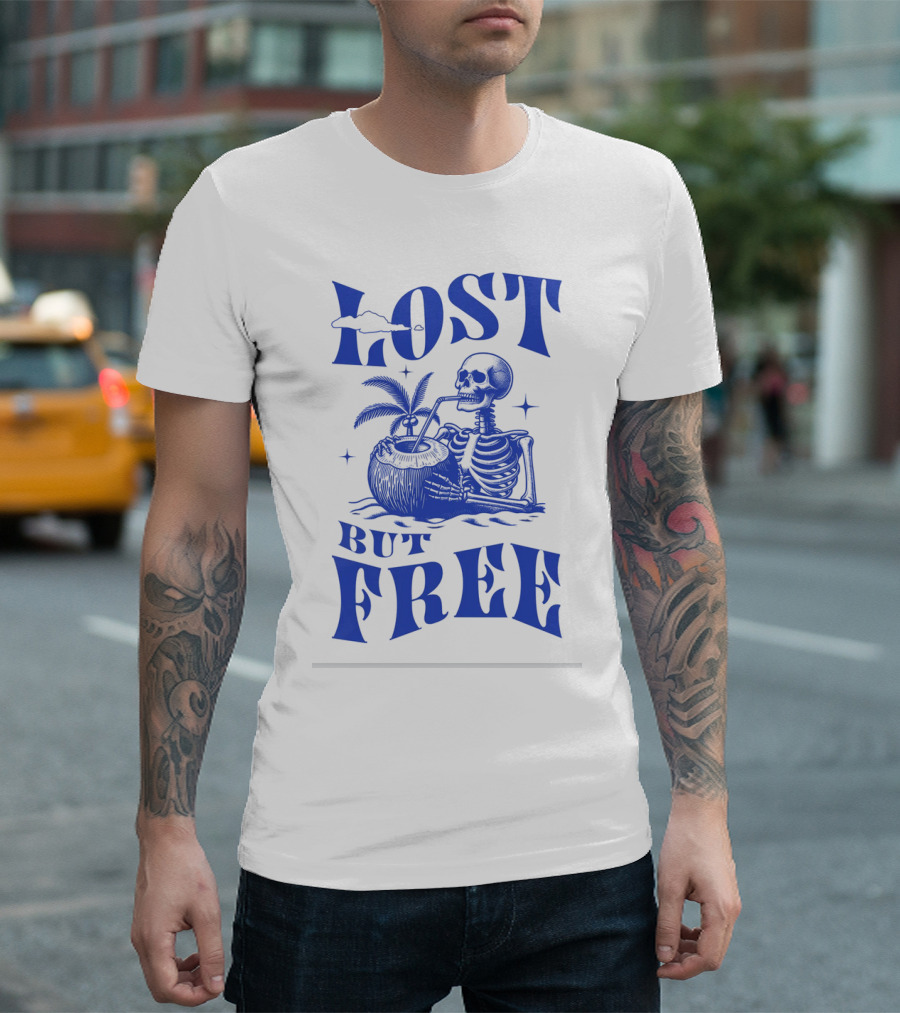 Lost But Free Skeleton With Coconut Drink Beach Vintage T-Shirt