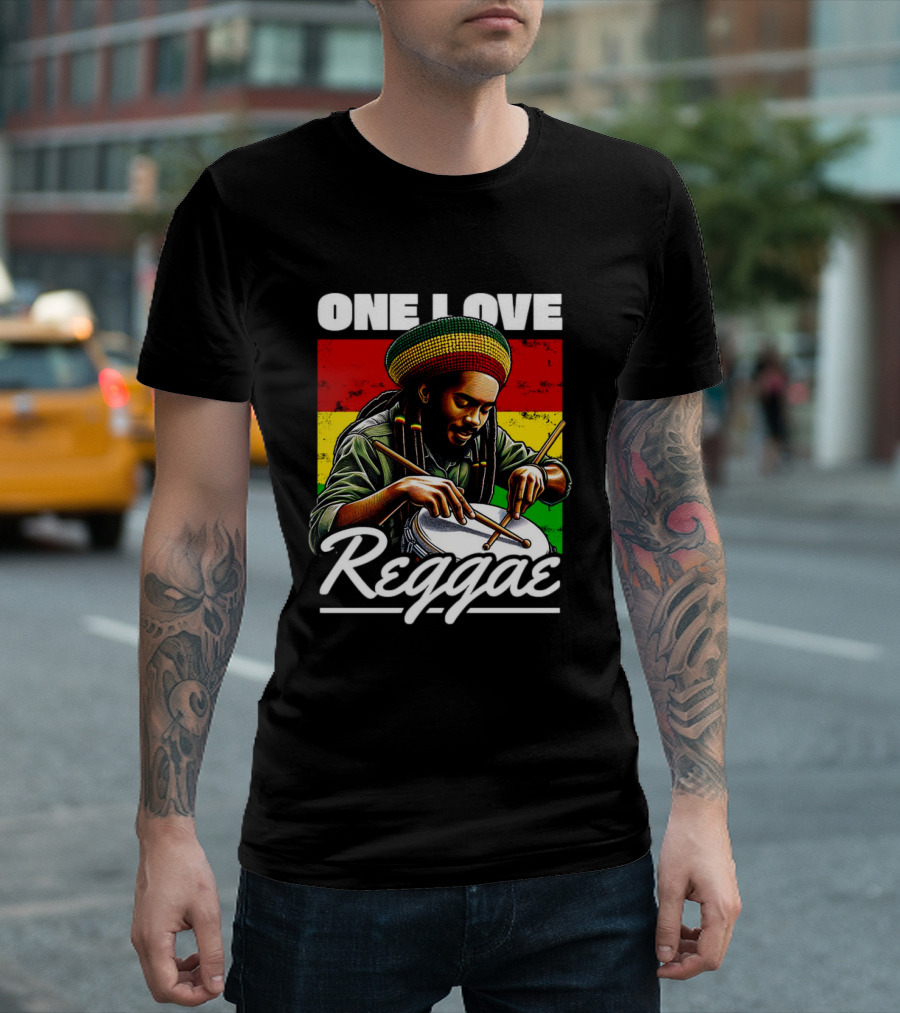One Love Reggae Drummer with Rasta Colors T-Shirt