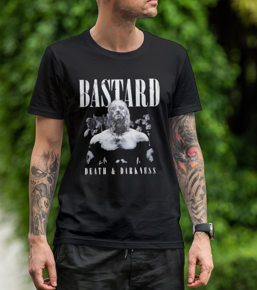 Bastard Death And Darkness Gritty Monochrome Warrior Surrounded By Shadowed Figures T-Shirt