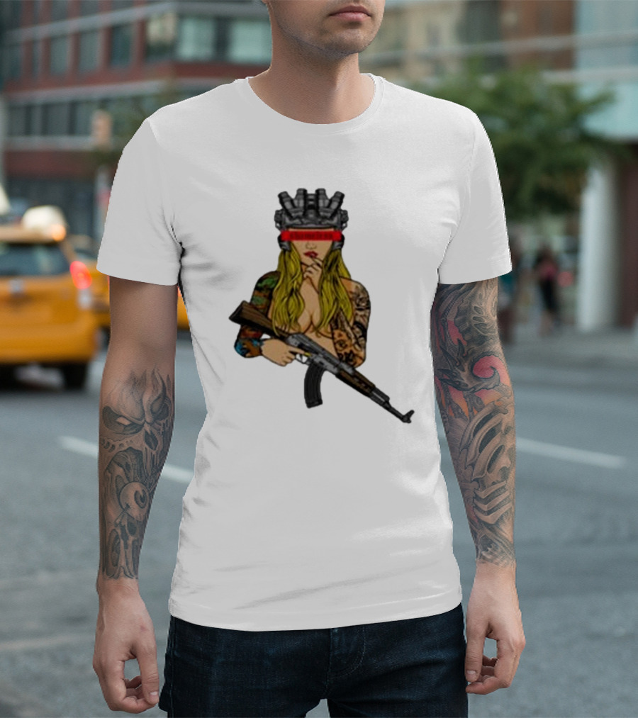 Shameless AK 2024 Futuristic Warrior with Tattoos and Rifle T-Shirt