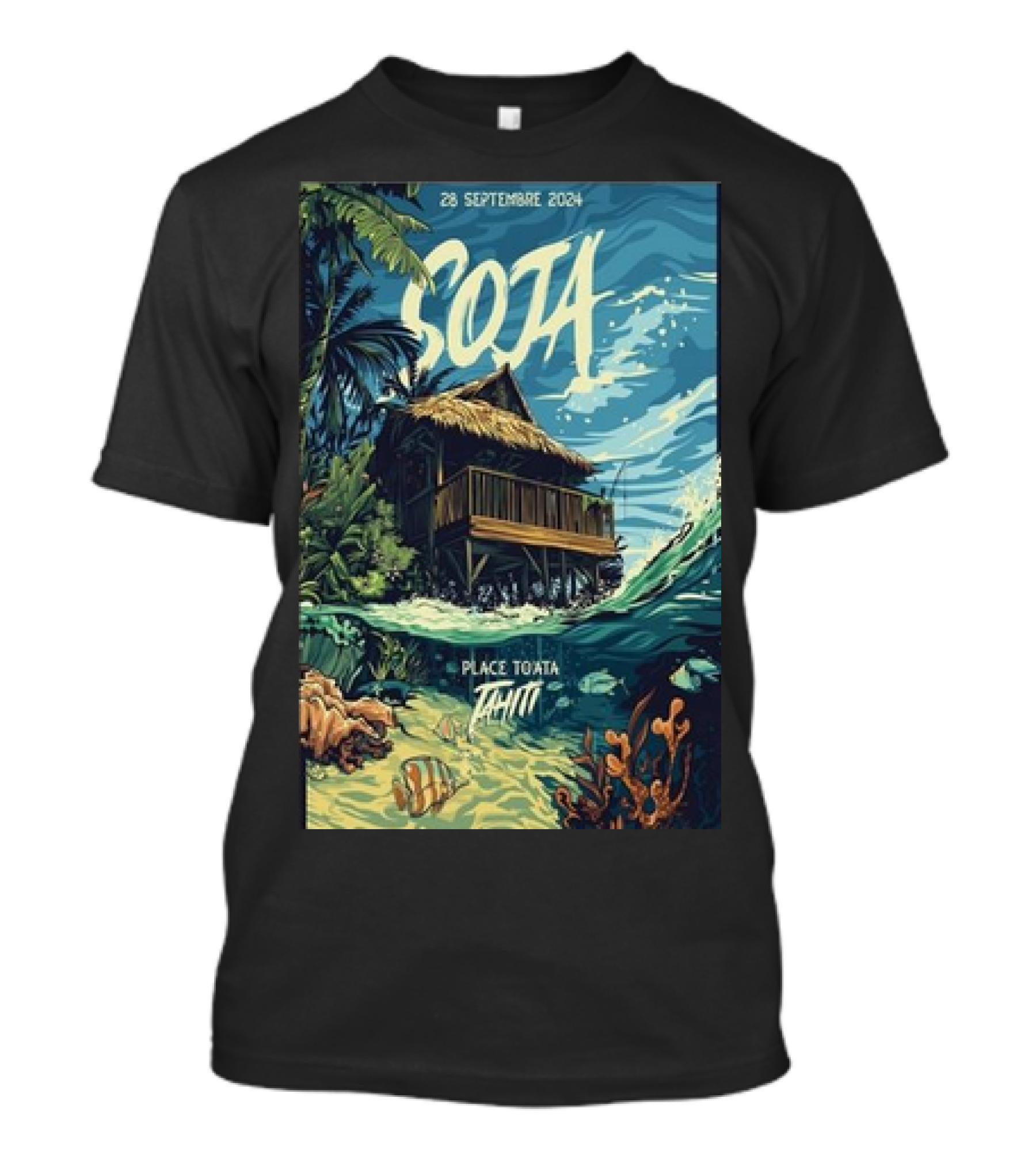 Soja Live At Place To'Ata Tahiti 28 September 2024 Beach Hut And Ocean T-Shirt