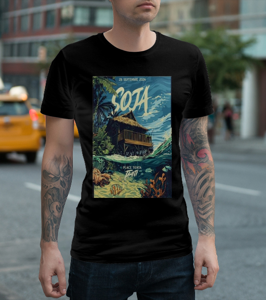 Soja Live At Place To'Ata Tahiti 28 September 2024 Beach Hut And Ocean T-Shirt