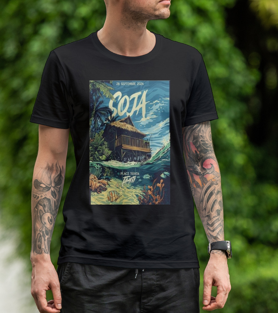 Soja Live At Place To'Ata Tahiti 28 September 2024 Beach Hut And Ocean T-Shirt