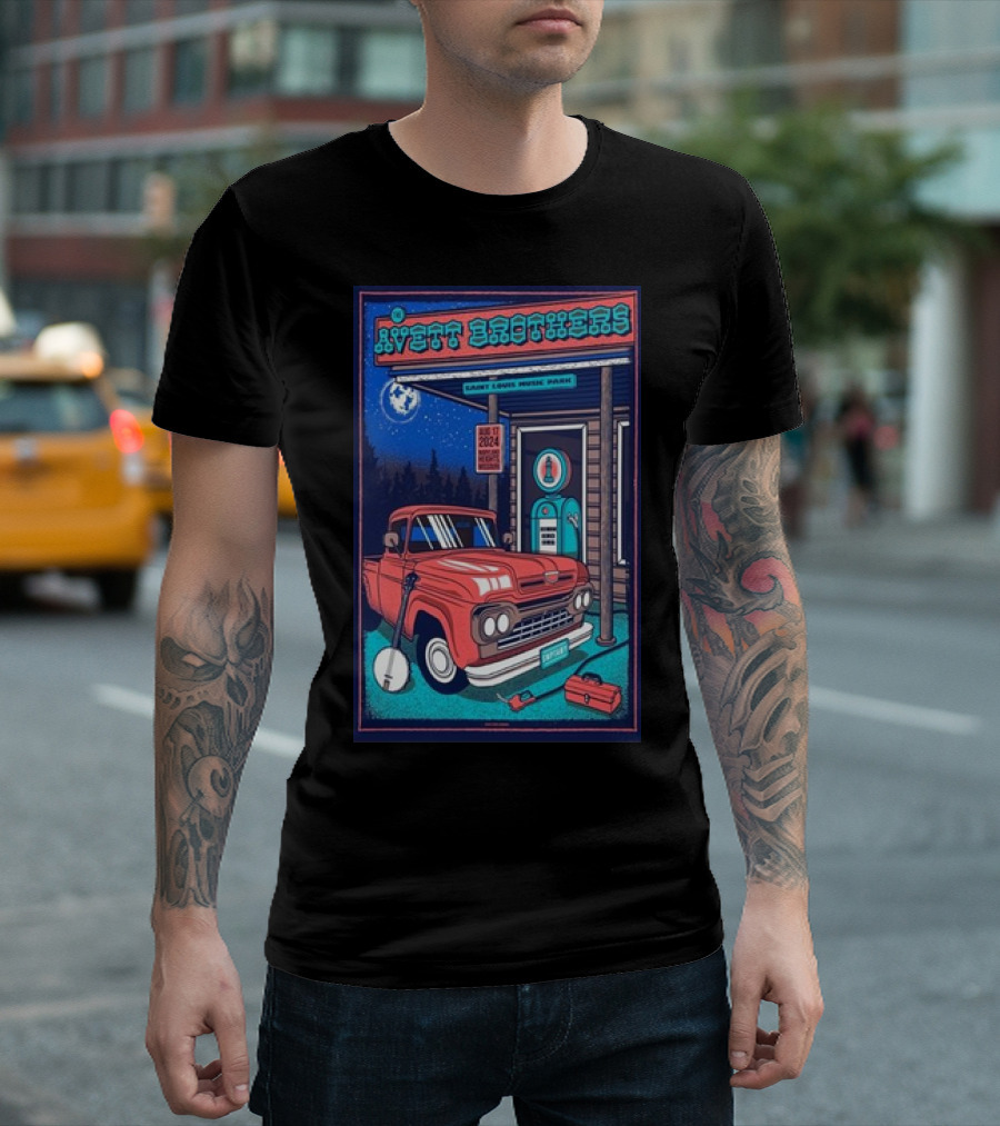 Avett Brothers St. Louis Music Park Maryland Heights Tour August 17 2024 Vintage Truck Banjo Moon Scene T-Shirt