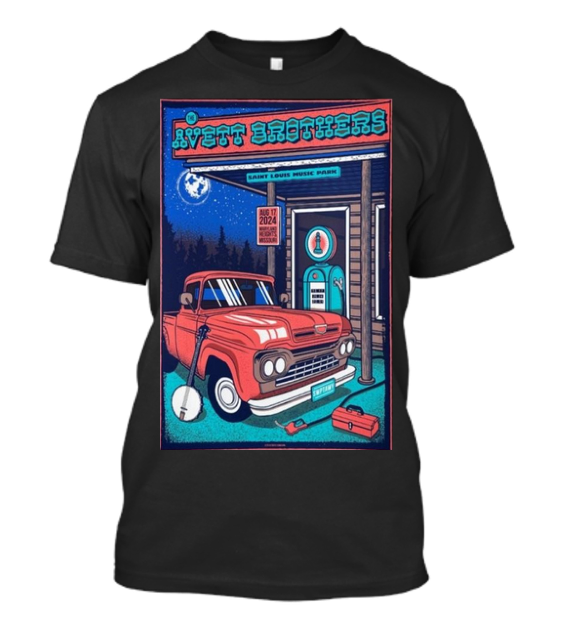 The Avett Brothers Concert Poster Saint Louis Music Park Maryland Heights MO August 17 2024 Retro Truck Bluegrass Banjo Moonlit Night Scene T-Shirt