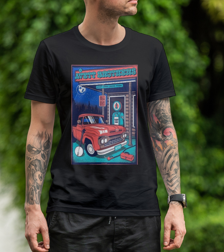 The Avett Brothers Concert Poster Saint Louis Music Park Maryland Heights MO August 17 2024 Retro Truck Bluegrass Banjo Moonlit Night Scene T-Shirt