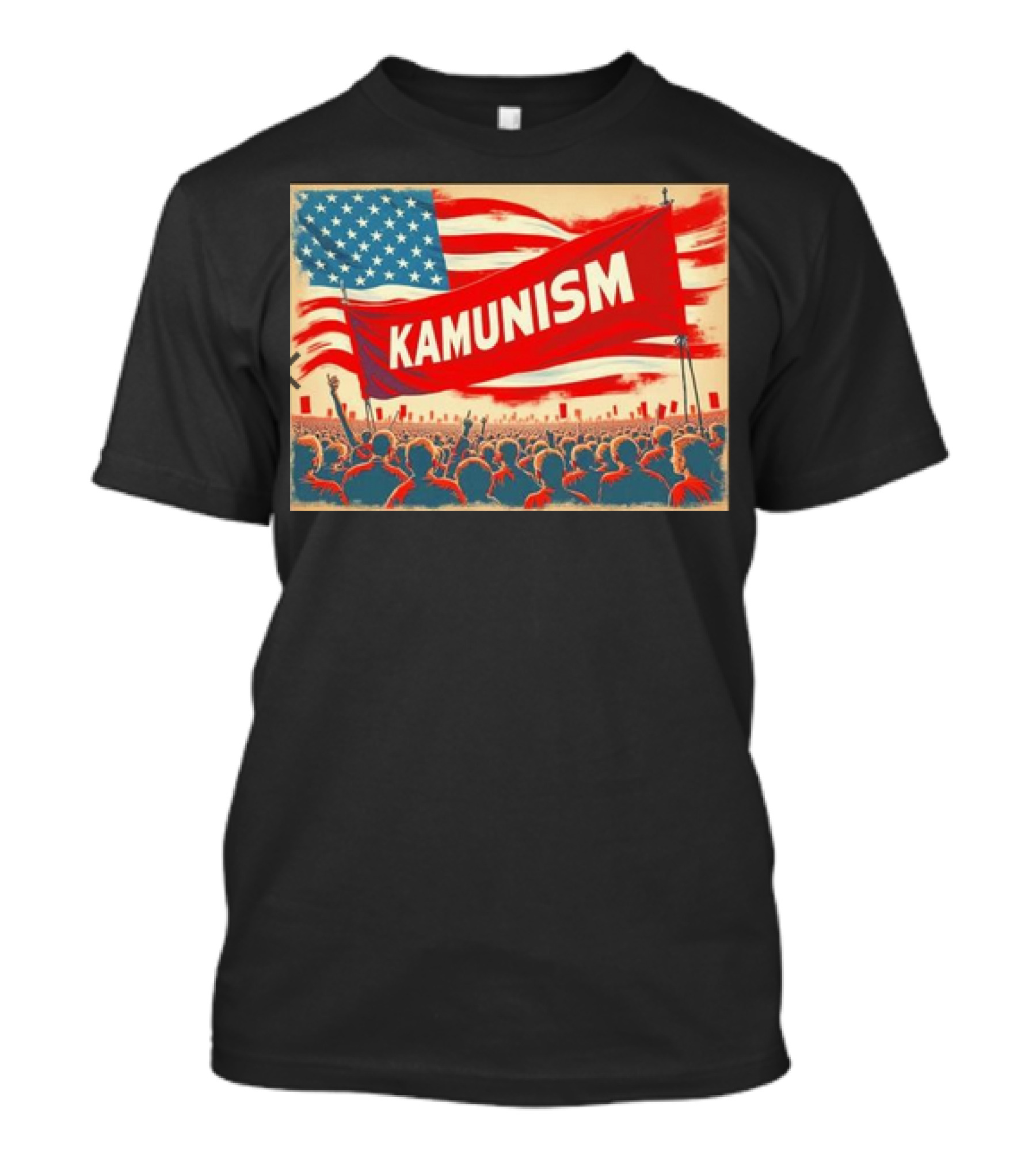 Kamunism Crowd Kamala Harris American Flag Red Banner Retro Propaganda T-Shirt