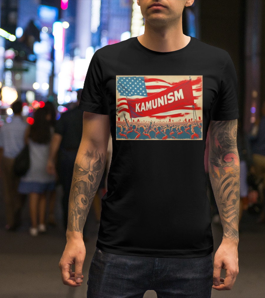 Kamunism Crowd Kamala Harris American Flag Red Banner Retro Propaganda T-Shirt
