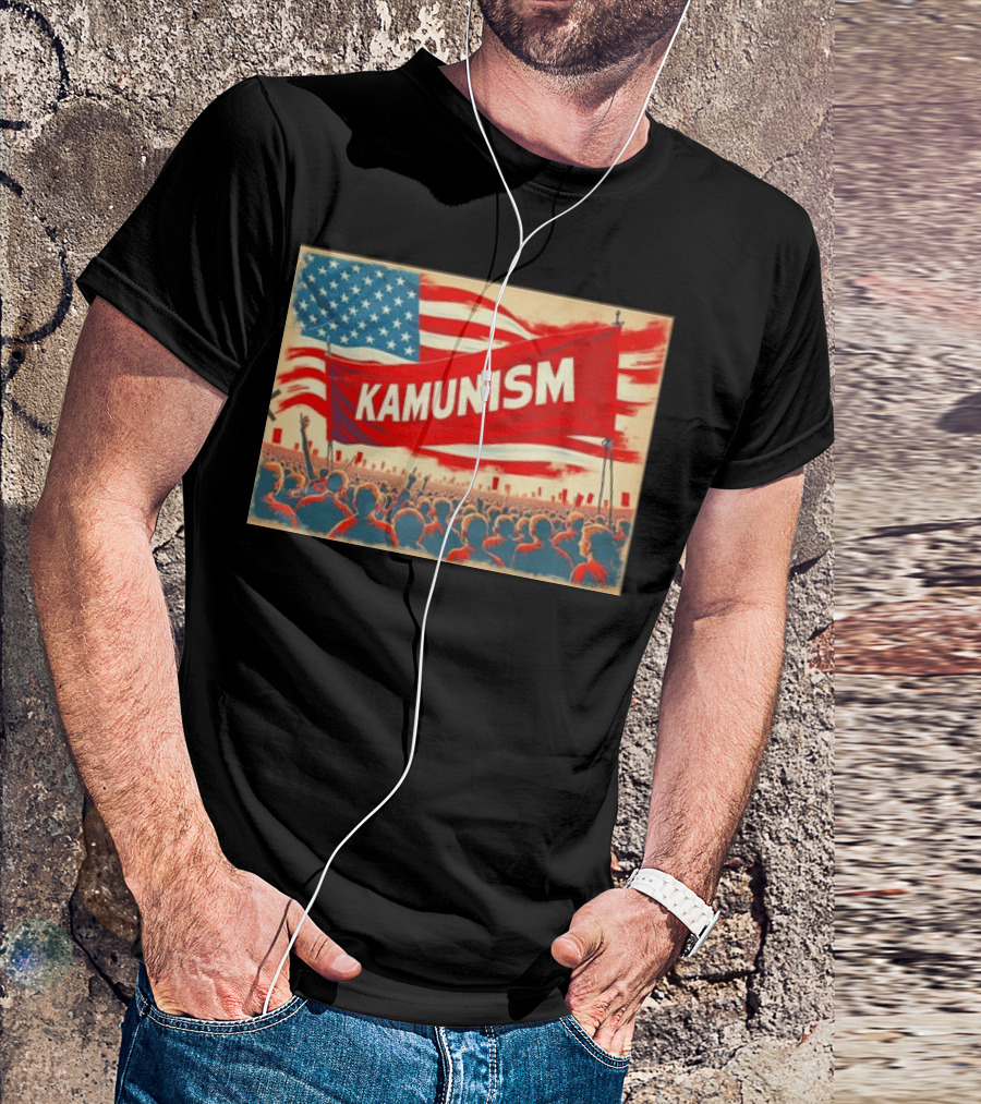 Kamunism Crowd Kamala Harris American Flag Red Banner Retro Propaganda T-Shirt
