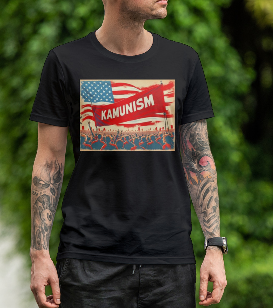 Kamunism Crowd Kamala Harris American Flag Red Banner Retro Propaganda T-Shirt