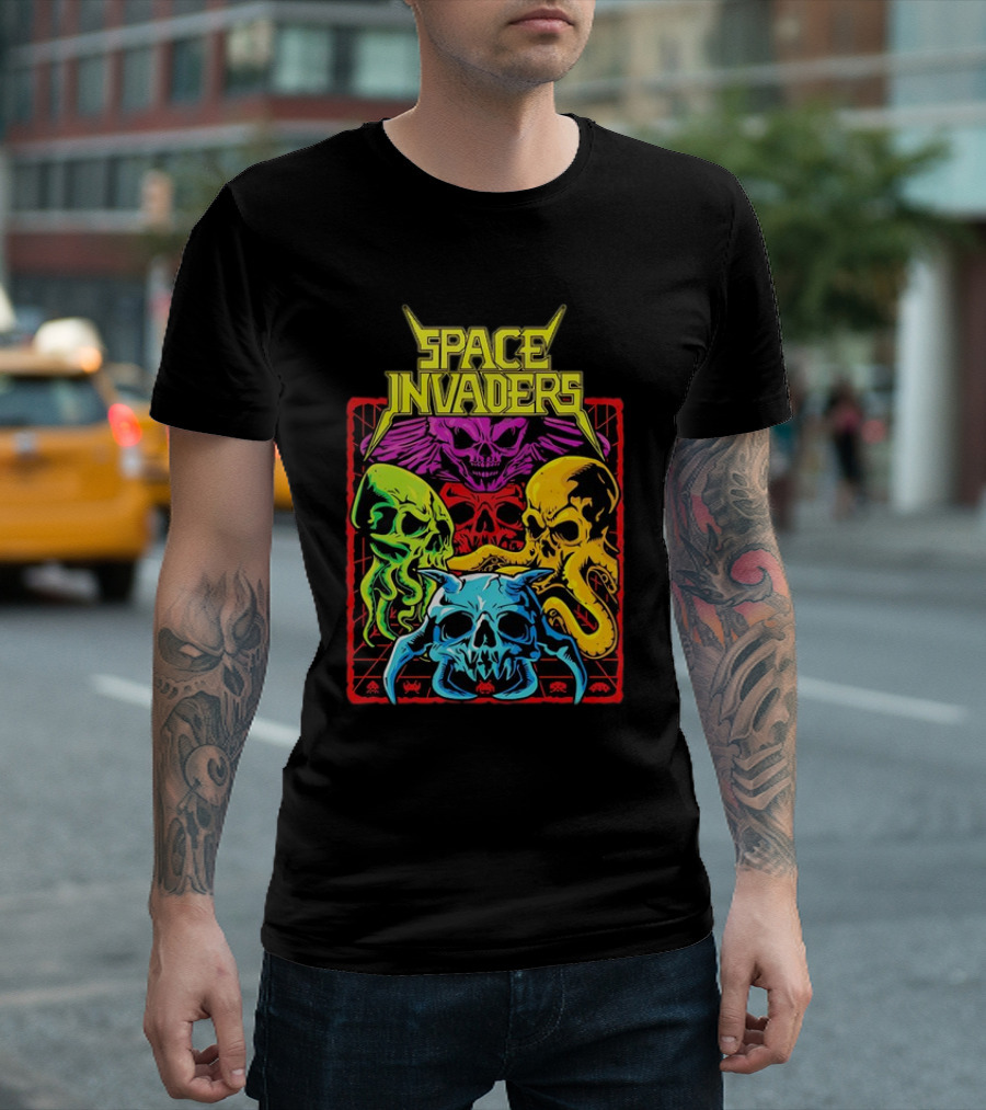 Space Invaders Neon Skull Cthulhu Quartet T-Shirt