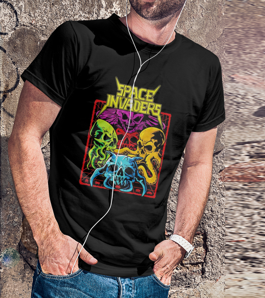 Space Invaders Neon Skull Cthulhu Quartet T-Shirt