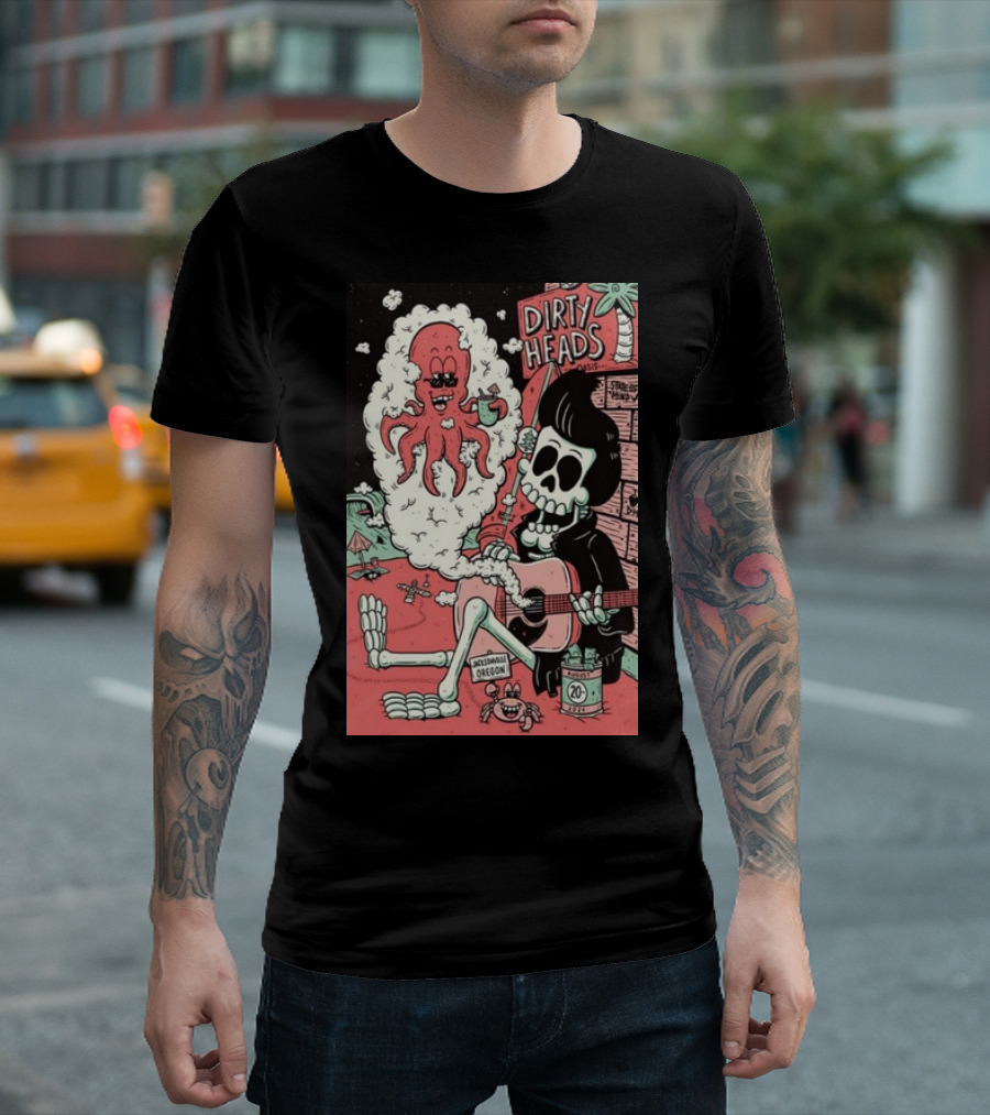 Dirty Heads Jacksonville Oregon Aug 20 2024 Skeleton Guitar Octopus T-Shirt